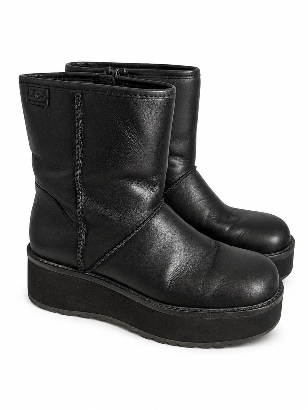 UGG Black Leather Platform Wedge Zipper Boots Size 7